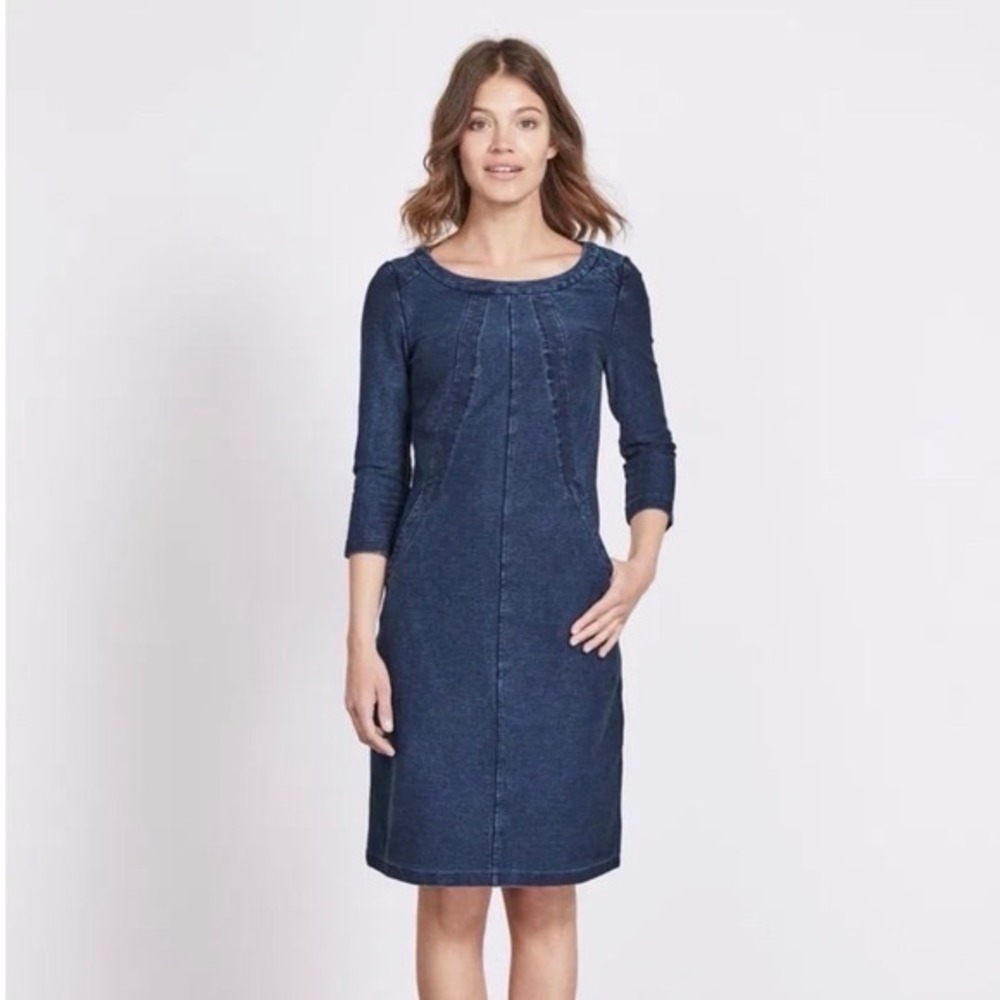 Boden Hannah Dress Blue Denim Stretch Shift 3/4 Sleeve Pockets‎ Size 10 Preppy